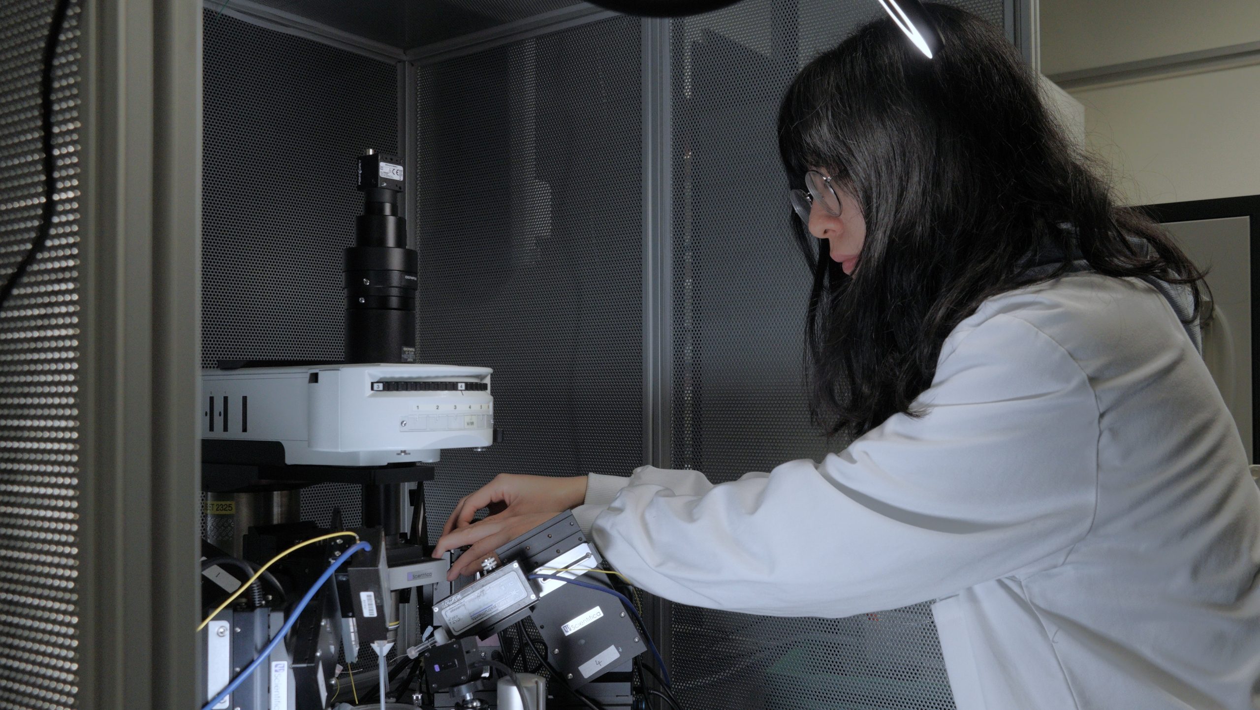 A female scientist manipulates a microscopy rig.