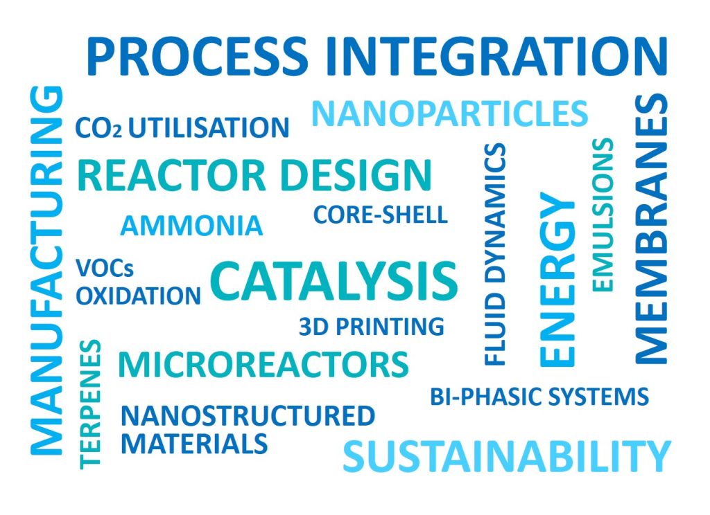 A word cloud containing the following phrases: process integration, nanoparticles, carbon dioxide utilisation, reactor design, manufacturing, VOCs oxidation, ammonia, core-shell, catalysis, 3d printing, microreactors, terpenes, nanostructured materials, bi-phasic systems, energy, emulsions, membranes and sustainability